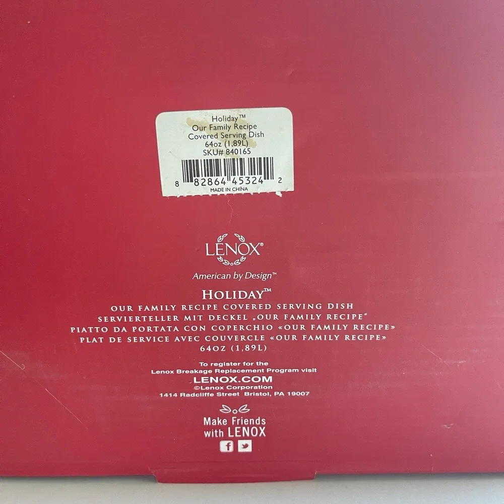 New Opened Box Lenox Our Family Recipe Holiday Covered‎ Serving Dish 64 oz